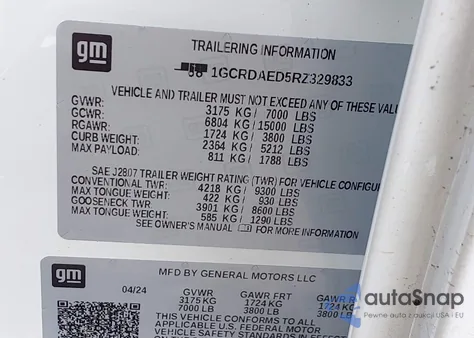 2024 Chevrolet Silverado 4Wd Double Cab Standard Bed Wt z USA, uszkodzony, nr VIN 1GCRDAED5RZ329833